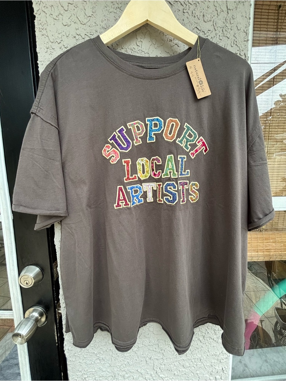NATURAL LIFE Brown Tee with Multicolor "Support Local Artists" Graphic nwt